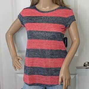 Nautica Womens Red Black Striped T-Shirt Size XS Top Keyhole Back Button Tee New